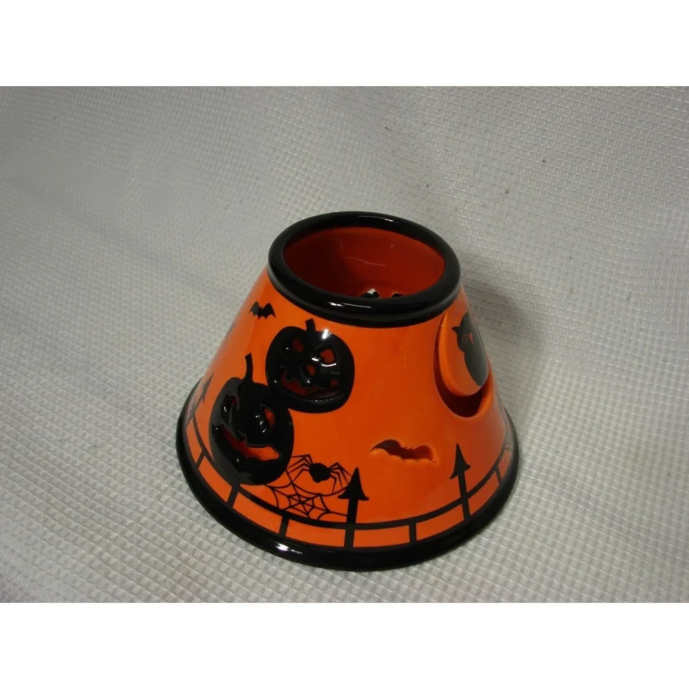 Orange Black Ceramic Jar Candle Shade Topper Halloween Spooky Pumpkin Bats Owl